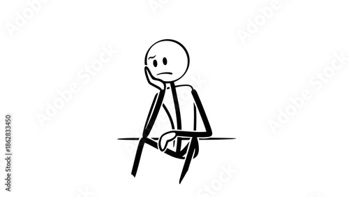 Bored stick figure man sitting at a table with his head resting on his hand, feeling uninterested on an isolated white background.