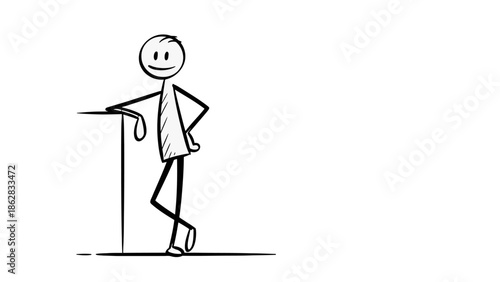 Relaxed Stick Figure Man Leaning Comfortably on a Bar, Waiting with a Thoughtful Smile on Isolated White Background