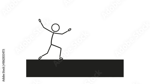 Triumphant stick figure man jumping and celebrating success on a black platform in an isolated white background.