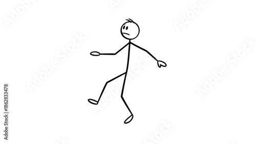 Confused Stick Figure Man Walking with Hands Out, Displaying Uncertainty on Isolated White Background