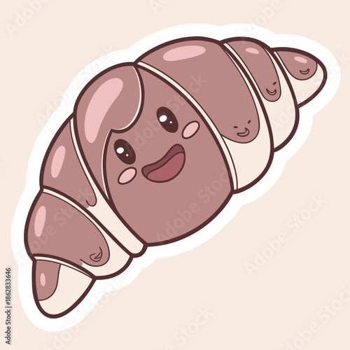 Sweet and cheerful Kawaii Sticker featuring a cute, smiling croissant, a delightful cartoon bakery illustration perfect for breakfast menus, dessert graphics, and happy food themes