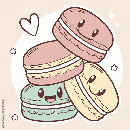 Adorable Kawaii Sticker illustration featuring a joyful tower of sweet macarons with charming happy faces in soft pastel colors, a delightful confectionery treat