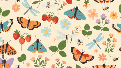 A beautiful seamless pattern of summer insects and botanicals, featuring butterflies, moths, dragonflies, and strawberry plants.