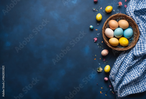 Easter painted eggs on dark blue background.