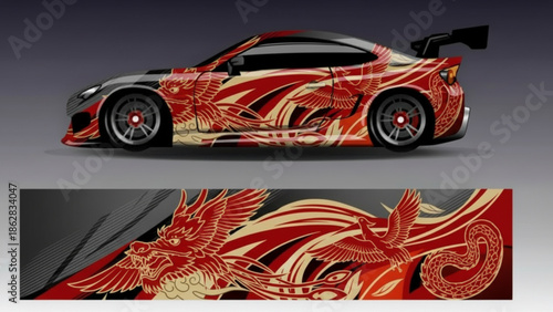 A custom sports car with a vibrant red and gold dragon and phoenix decal on its side, showcasing intricate Asian-inspired artwork.