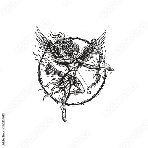 Powerful dark fantasy engraving of a winged celestial archer spirit, depicted in full motion while drawing a mystical bow within a circular frame.