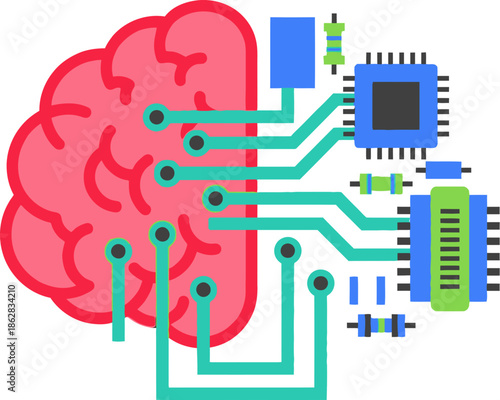 Stylized brain connected to circuit boards, symbolizing artificial intelligence, machine learning, and the integration of biological thought with advanced digital processing
