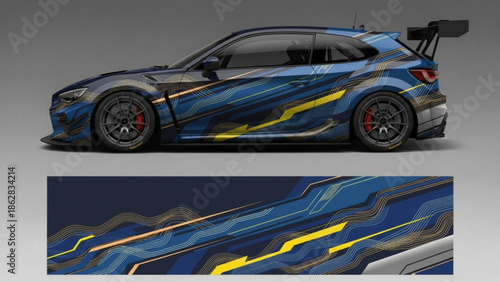 Sporty blue car with a dynamic abstract racing decal design, showcasing the full wrap pattern.