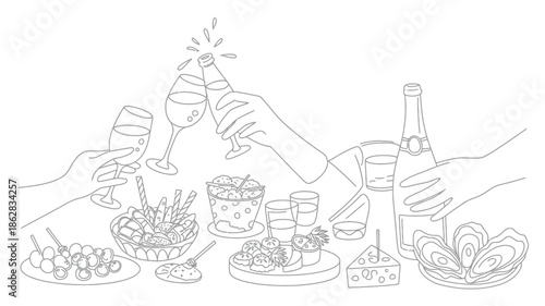 Celebratory Toast with Seafood and Drinks Illustration