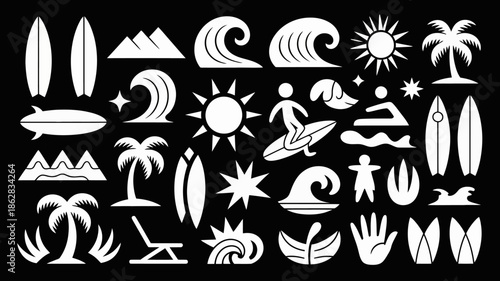Surfing Icons Set, Beach Symbols, Summer Vibes, Black and White Vector Illustrations