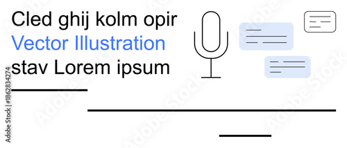 Audio transcription, podcasts, communication, speech recognition, media services, digital dialogue. Microphone and text bubbles. Audio transcription and podcasts concept