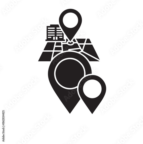 Map navigation location pins with building pointer for travel direction and gps tracking silhouette vector illustration