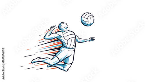 A dynamic illustration of a male volleyball player jumping in the air to spike the ball, with motion trail effects.