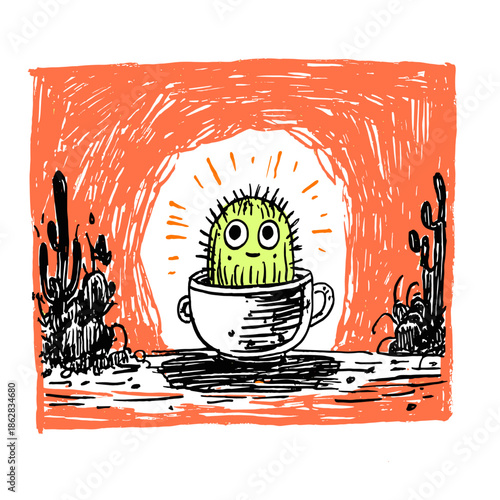 Cactus Character Enjoying a Drink at Sunset