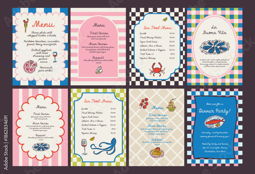 Whimsical hand drawn sea food poster and menu template in trendy whimsical style. Perfect doodle for quirky italian dinner  restaurant and cafe, kitchen wall art, poster,  party, birthday, sign