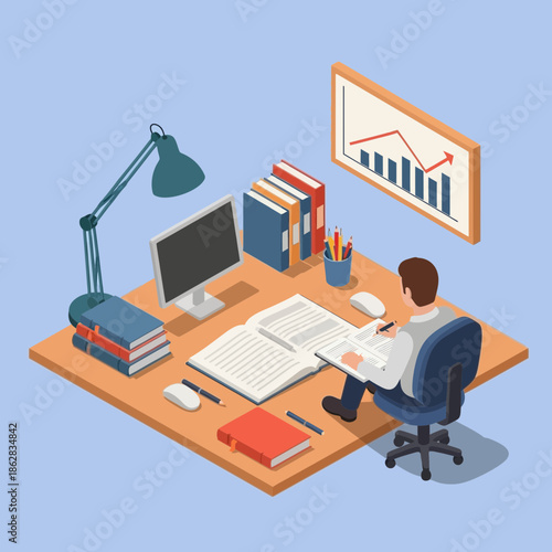 Isometric student studying at desk with computer, books, lamp, and growth chart
