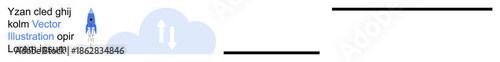 Innovation, digital transformation, cloud computing, data storage, startup growth, futuristic development. Rocket launching into a cloud with text elements. Innovation and digital transformation