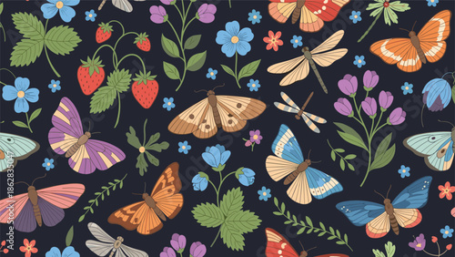 A beautiful seamless pattern with embroidered-style moths, butterflies, and wildflowers on a dark background for a vintage look.