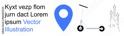 Transportation, navigation, technology, mobility services, urban development, innovation. Blue location pin, electric scooter growth arrows. Transportation and navigation concepts