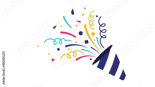 A colorful and energetic illustration of a party popper exploding with confetti and streamers for celebrating a special event.