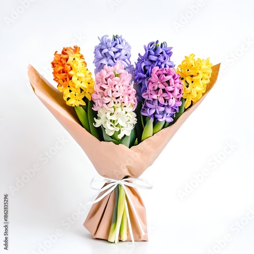 Colorful hyacinth bouquet wrapped in paper for present