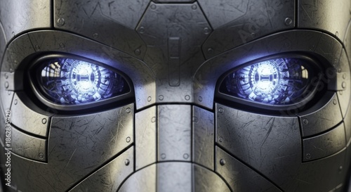 Close-up of a futuristic robot' metallic face with piercing glowing blue eyes, showcasing intricate detail and advanced artificial intelligence