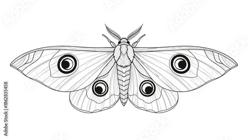 A detailed black and white line art illustration of a large emperor moth with distinctive eye spots on its spread wings.