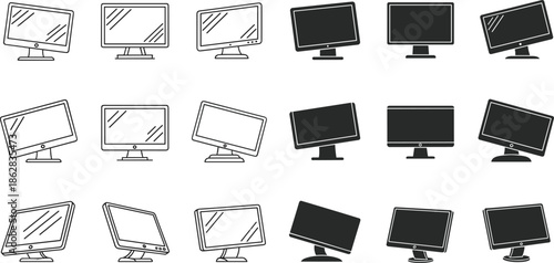 Computer monitor icon set, desktop screen display collection, outline and solid styles, technology device symbols, modern flat vector illustration