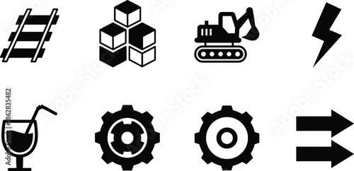 Black icons of transport, energy, construction, and UI elements, ideal for industrial, logistics, and interface design projects.