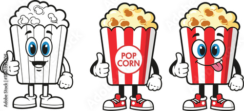 Cute popcorn cartoon mascot characters illustration, funny snack food design, smiling cinema treat icons, colorful playful flat vector style