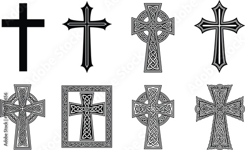 Celtic And Christian Cross Vector Collection With Ornate Knotwork Religious Symbols Black And White Isolated On White Background