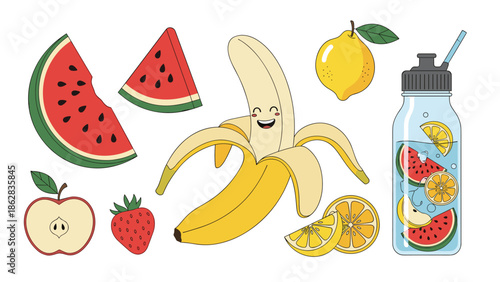 A colorful collection of cute and healthy cartoon fruits including a smiling banana, watermelon, and lemon with a bottle of infused water.