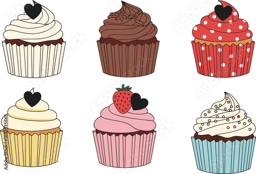 Colorful cupcakes with frosting and decorations, ideal for dessert, bakery, party, and confectionery-themed design and illustration projects.