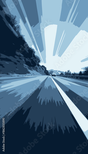 Dramatic High-Speed Perspective of a Long Open Highway Amongst Scenic Mountainous Landscape Under Clear Sky