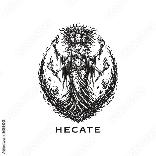 Intricate dark fantasy engraving of the goddess Hecate with three faces, holding torches and surrounded by mystical flames and scattered skulls in an ethereal emblem.