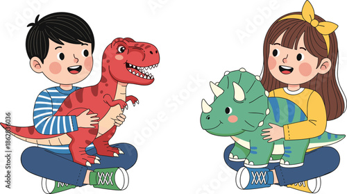 Cute kids playing with dinosaur toys illustration, happy boy and girl characters, fun childhood activity, colorful flat cartoon vector
