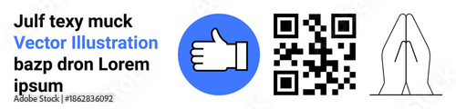 Social media engagement, QR technology, digital connectivity, gratitude, communication, data sharing. Includes thumbs up icon, QR code hands in prayer gesture. Social media engagement and QR