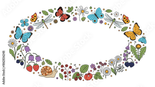 An oval-shaped nature frame made of hand-drawn summer flowers, butterflies, berries, and insects with a blank center for your text.