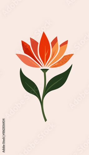 Illustration of a Vibrant Orange and Red Petaled Flower with Green Leaves Against a Minimalist Off-White Background