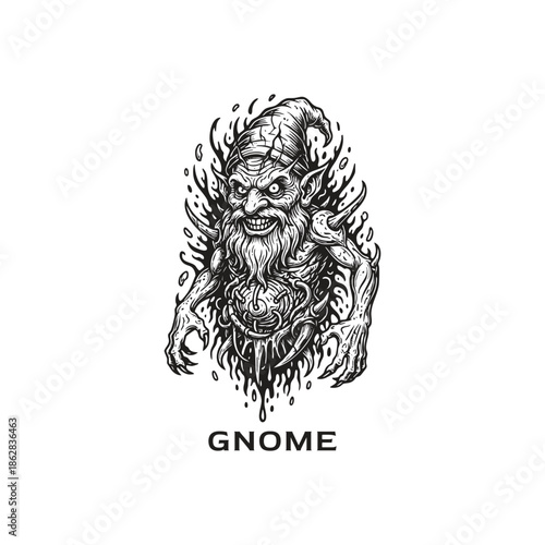 Grim dark fantasy engraving of a wicked gnome spirit with a pointed cap and long beard, surrounded by mystical dark energy and dripping ethereal fluid.