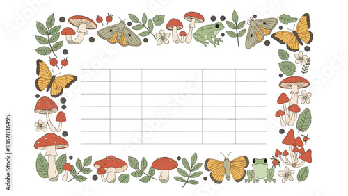 A rectangular nature-themed frame with lined space for text, decorated with cute mushrooms, butterflies, frogs, and forest leaves.