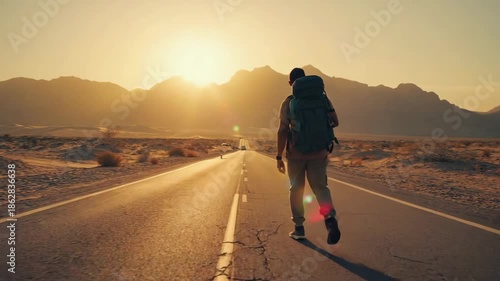 Man walking on desert road with mountains and sunset in background