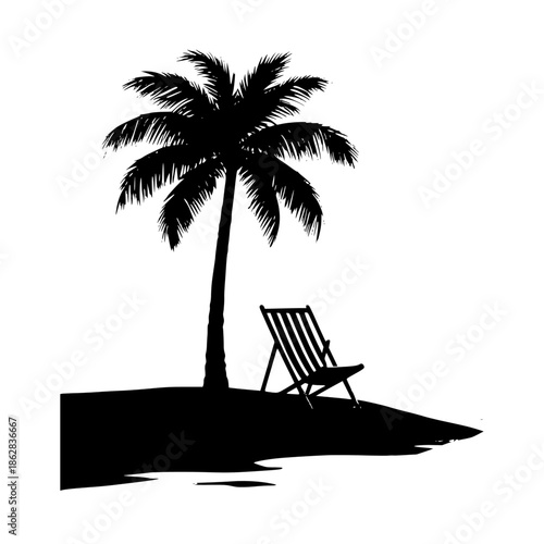 Tropical Retreat Silhouette: A tranquil black and white illustration depicts a serene scene of a lone palm tree, casting a shadow over a lounge chair on a sandy beach.