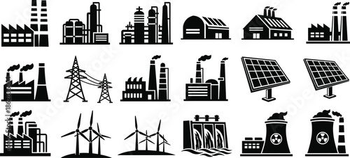 Industrial Power And Energy Silhouette Icons Set Featuring Factories Power Plants Solar Panels Wind Turbines Nuclear And Infrastructure