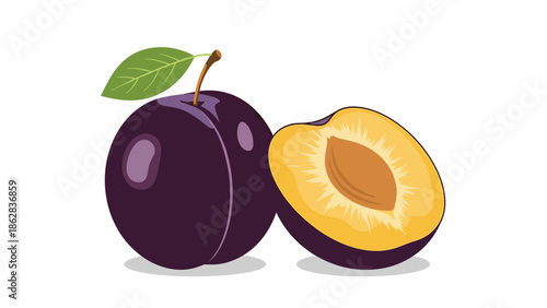A simple and clean vector illustration of a whole purple plum with a green leaf and a half-cut plum showing the pit and yellow flesh.