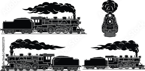 Vintage Steam Locomotive Silhouette Collection With Classic Train Engine Side And Front Views Black Vector Illustration Set