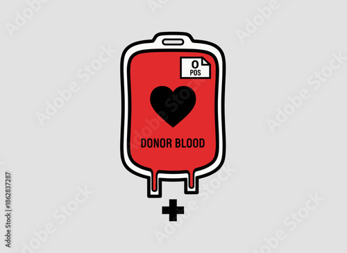 A donor blood bag with heart symbol and positive blood type isolated on light background concept of love saving lives and donation