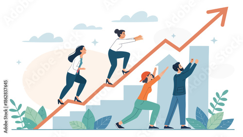Diverse team members climbing upward success graph together