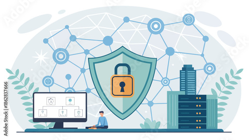 Cybersecurity expert protecting network with shield and lock