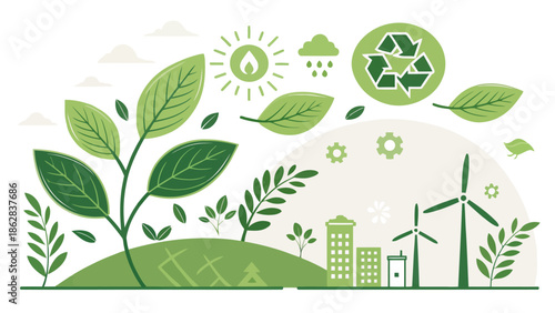 Eco friendly cityscape with green plants and renewable energy